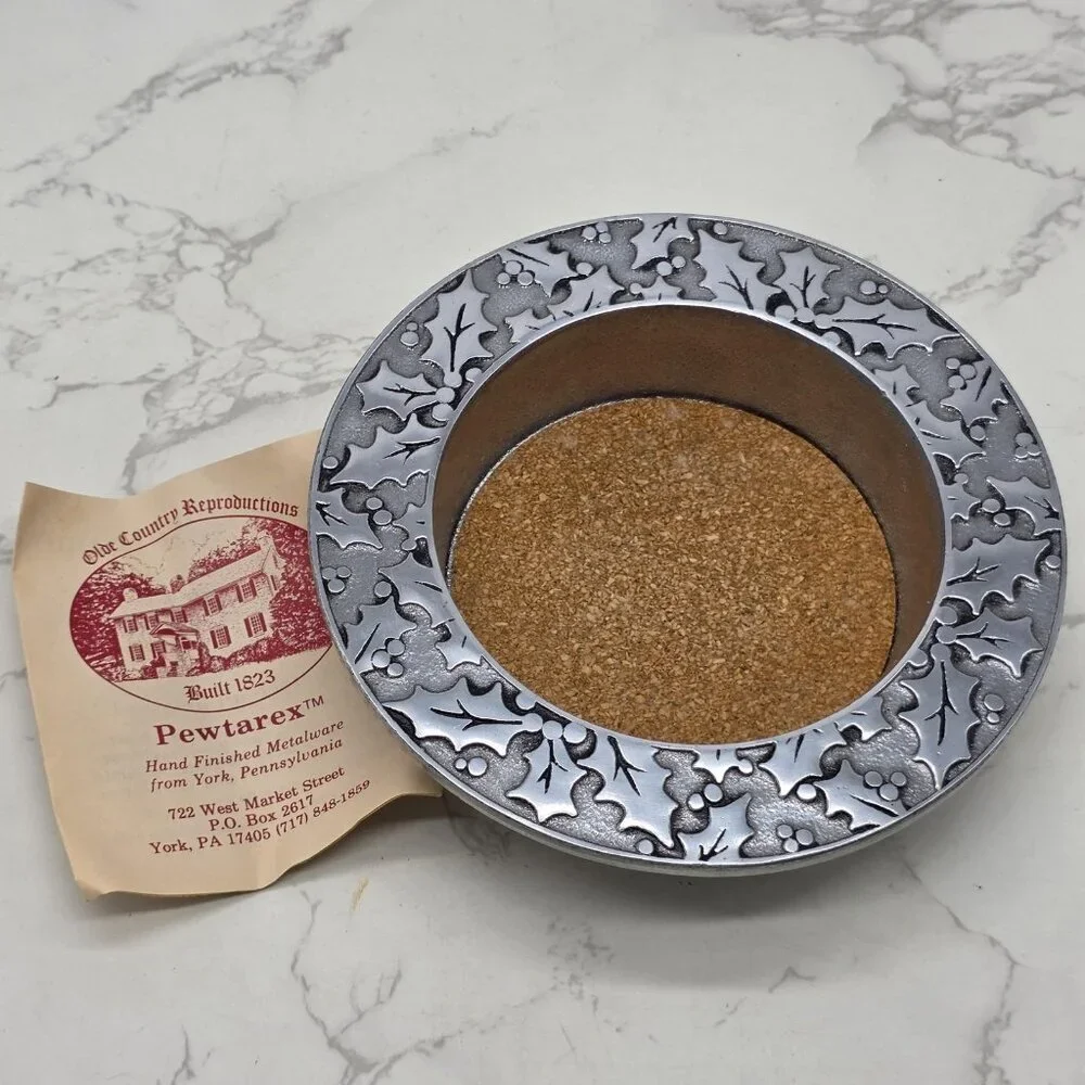 Pewtarex Pewter Wine Bottle Coaster Holly Berry Pattern Cork Insert USA Made NEW
